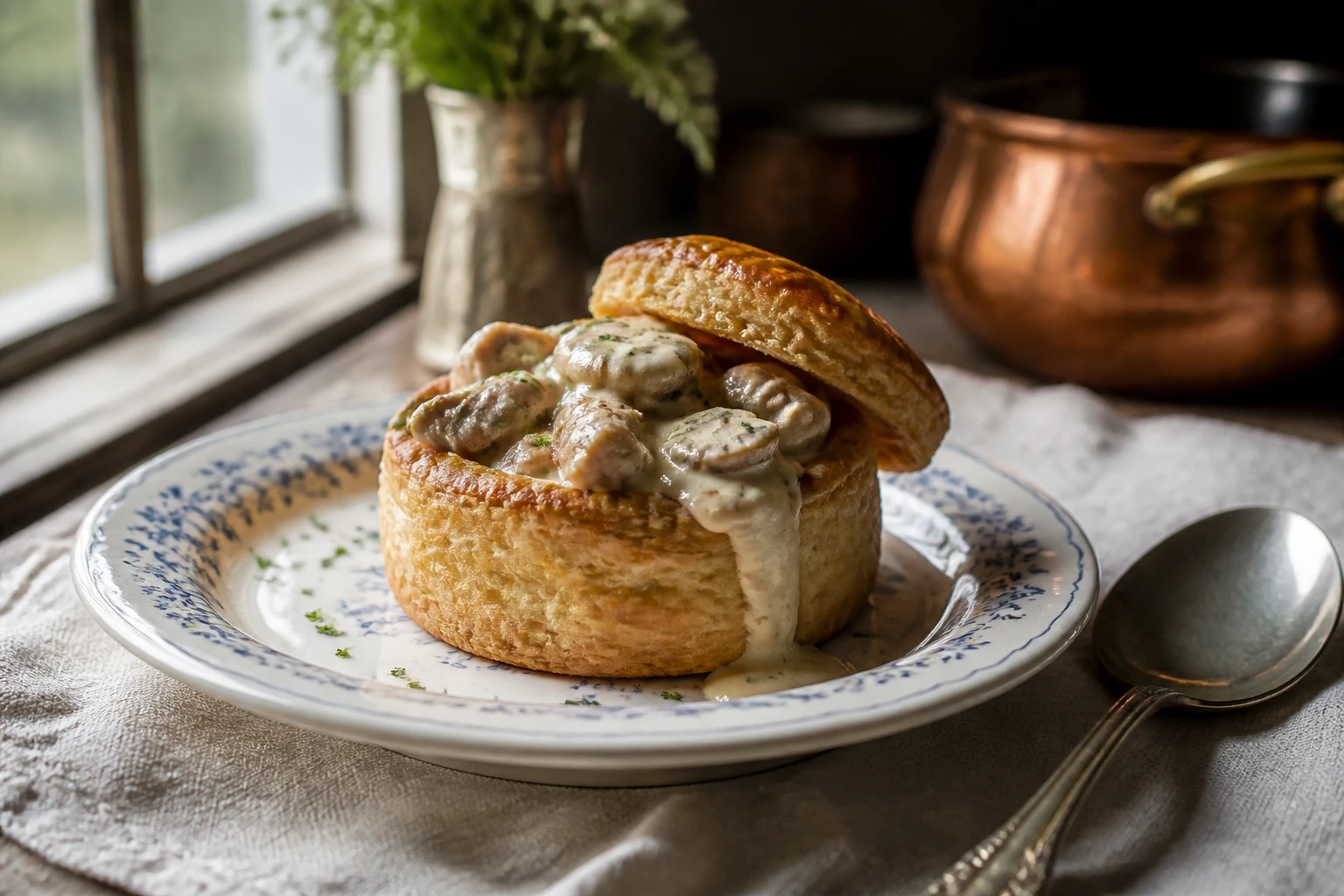 Bouchée à la reine façon grand-mère garnie de volaille, champignons et sauce crémeuse sur assiette ancienne