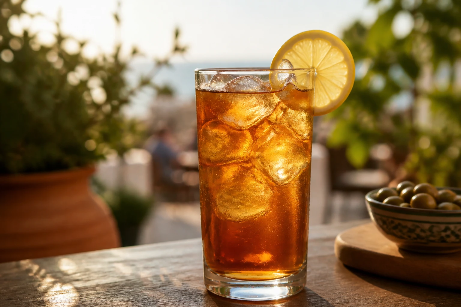 Verre de Long Island Iced Tea ambré avec glaçons et tranche de citron sur une terrasse ensoleillée