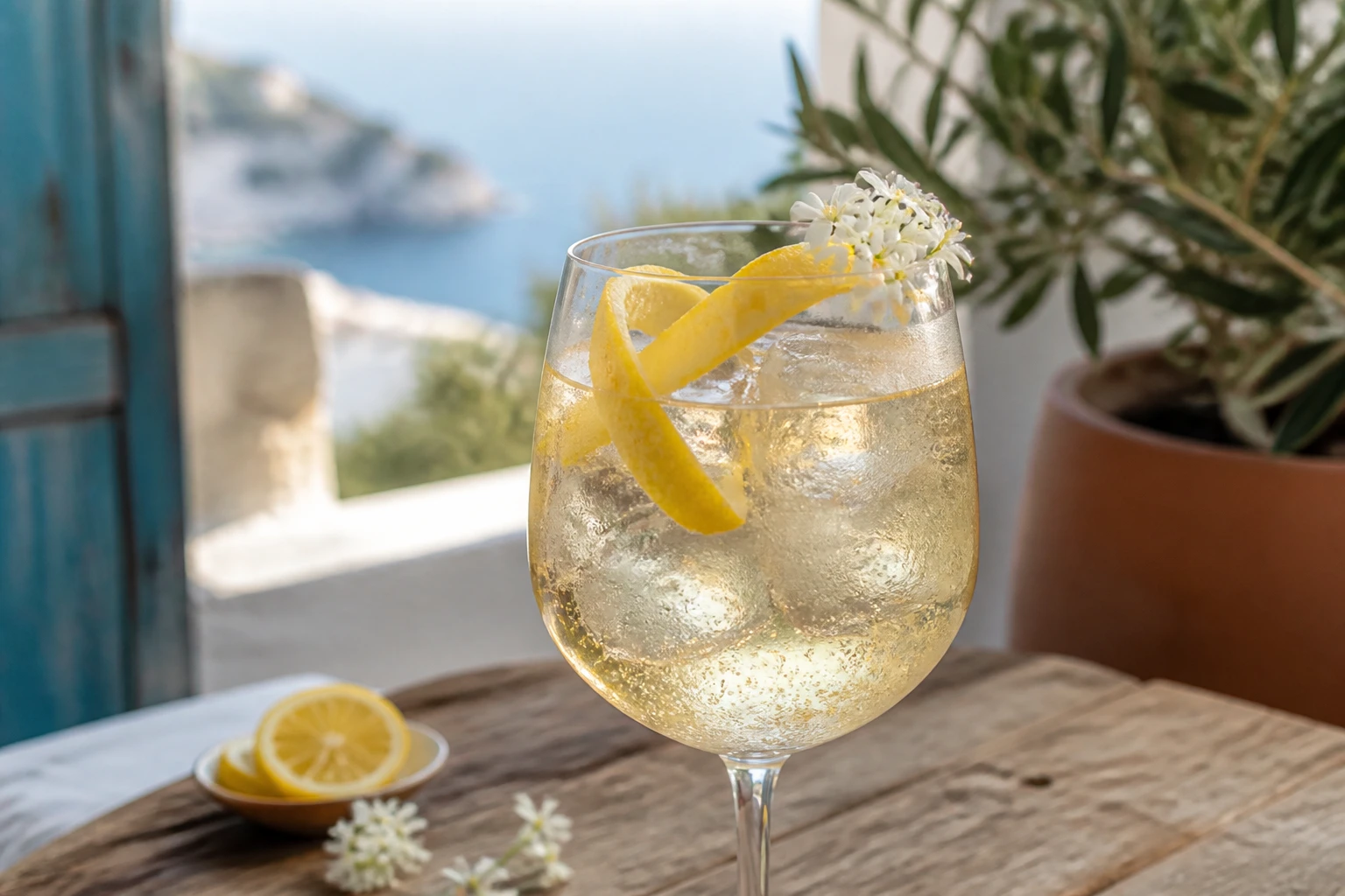 Cocktail Saint Germain Spritz servi dans un verre à vin avec zeste de citron et fleurs comestibles