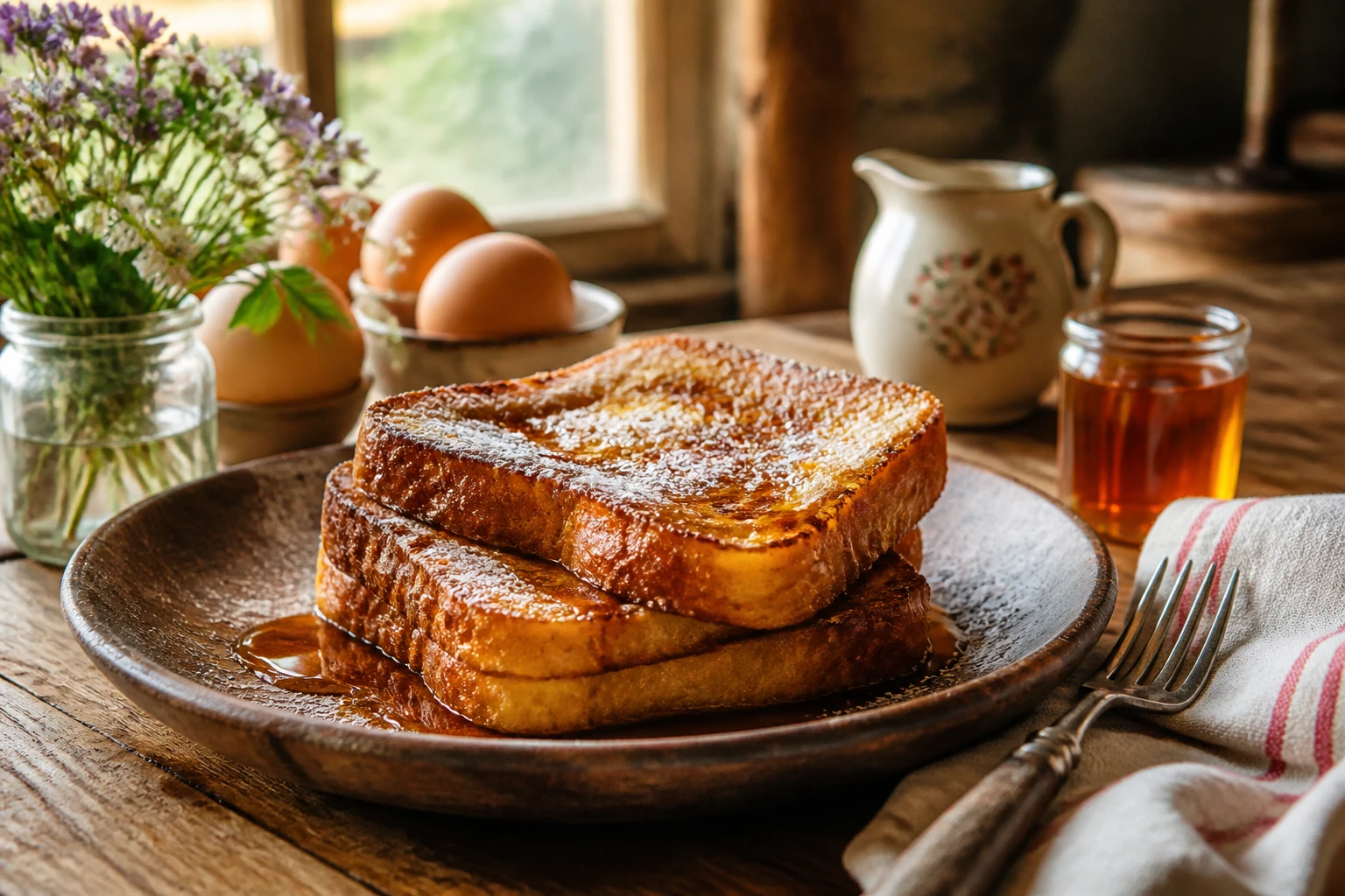 Tranches de pain perdu doré empilées sur une assiette rustique avec sucre glace et sirop