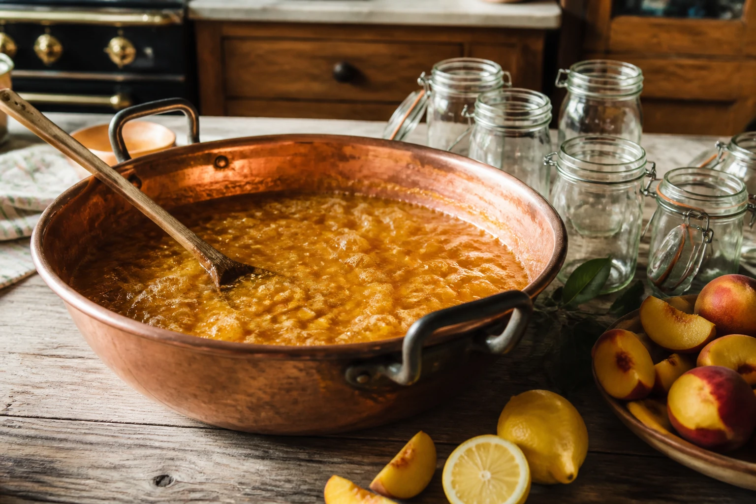 Bassine en cuivre de confiture de pêches en cuisson avec pêches jaunes fraîches sur table en bois