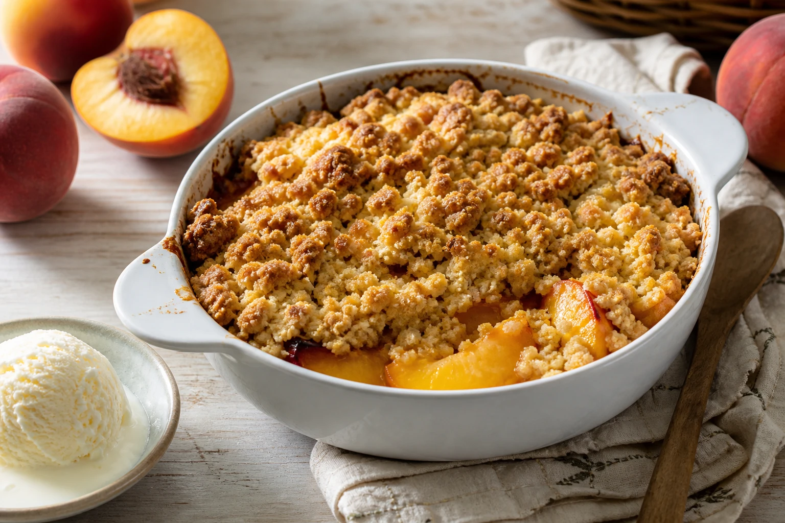 Crumble à la pêche doré servi avec une boule de glace vanille dans un plat en céramique