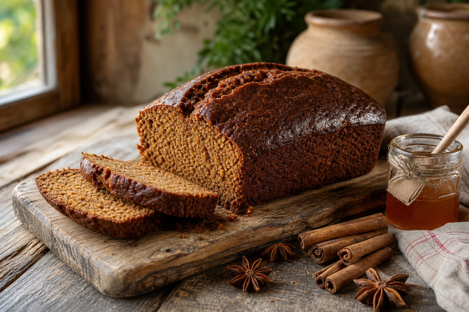 Pain d'épice de grand-mère moelleux tranché sur planche en bois avec miel et épices