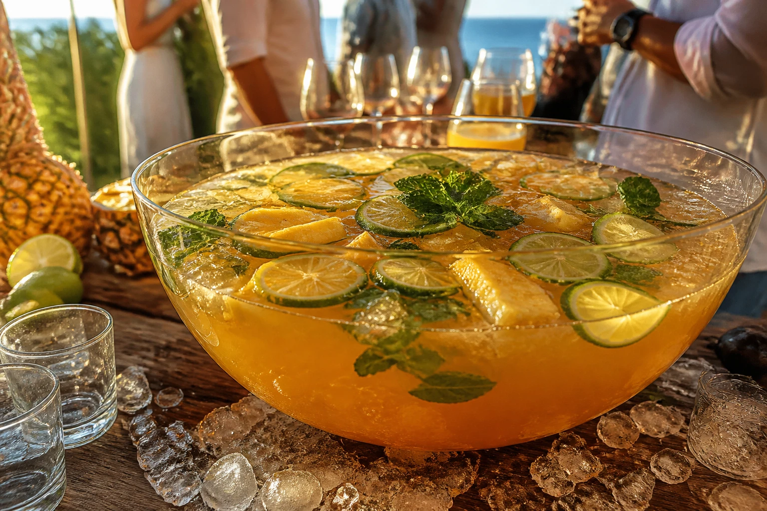 Grand saladier de punch pour 50 personnes garni de rondelles de citron vert et de menthe, servi lors d'une fête