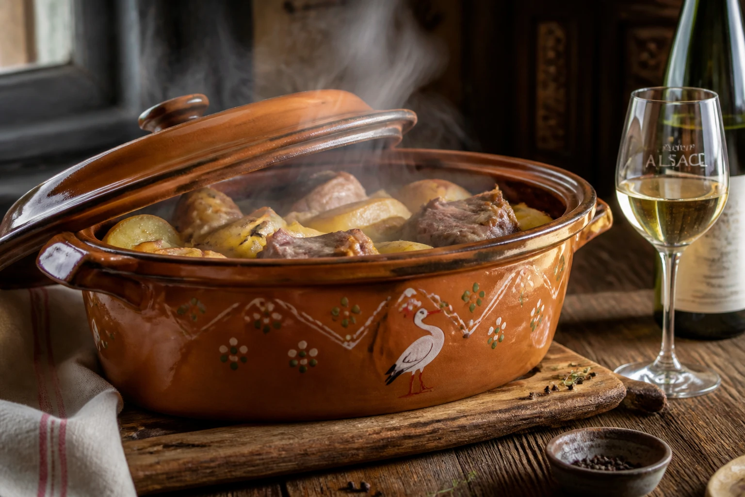Terrine de baeckeoffe alsacien fumante sur table en bois avec viandes et pommes de terre