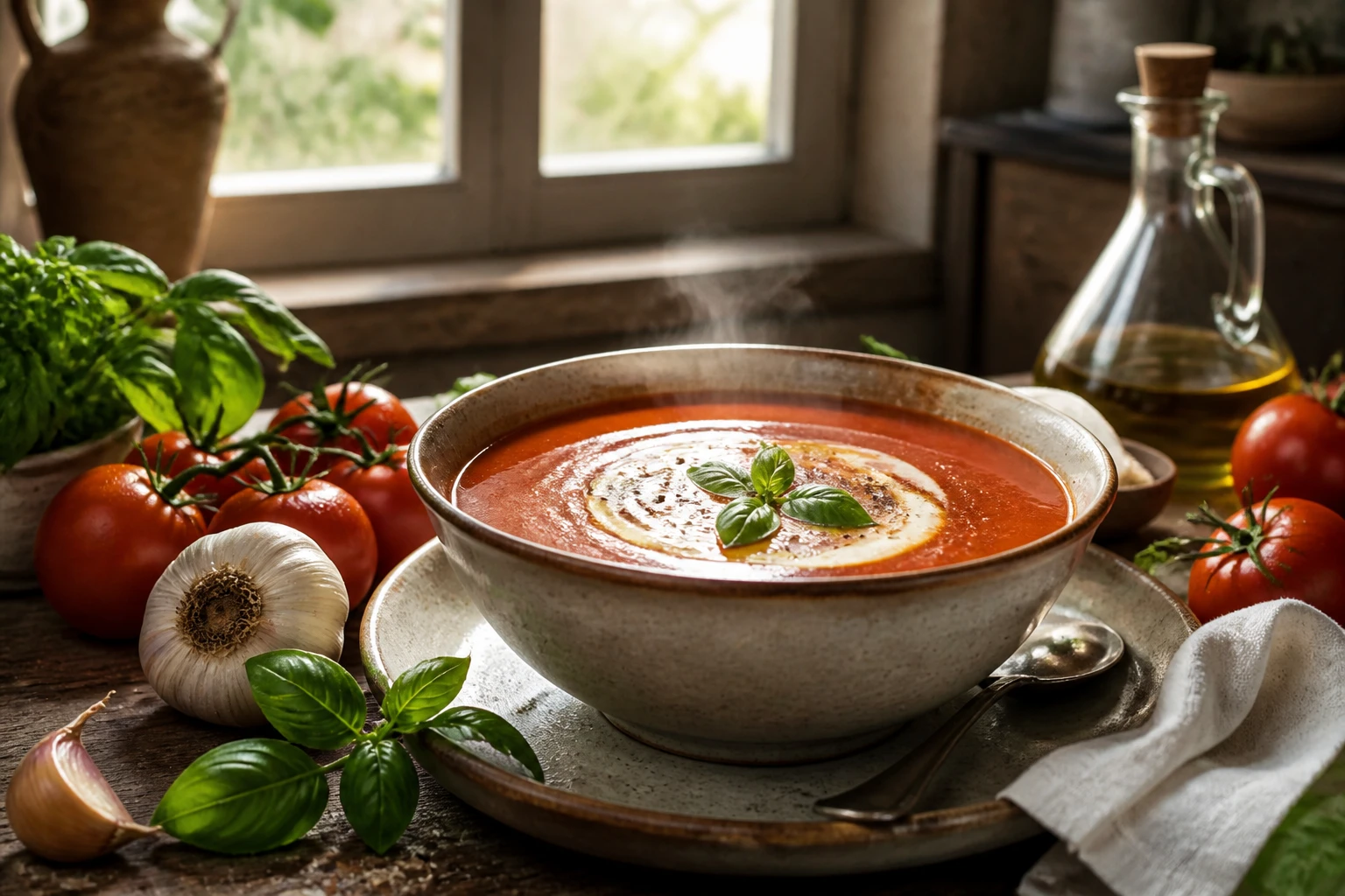 Bol de soupe tomate maison façon grand-mère avec basilic frais et tomates mûres sur table en bois