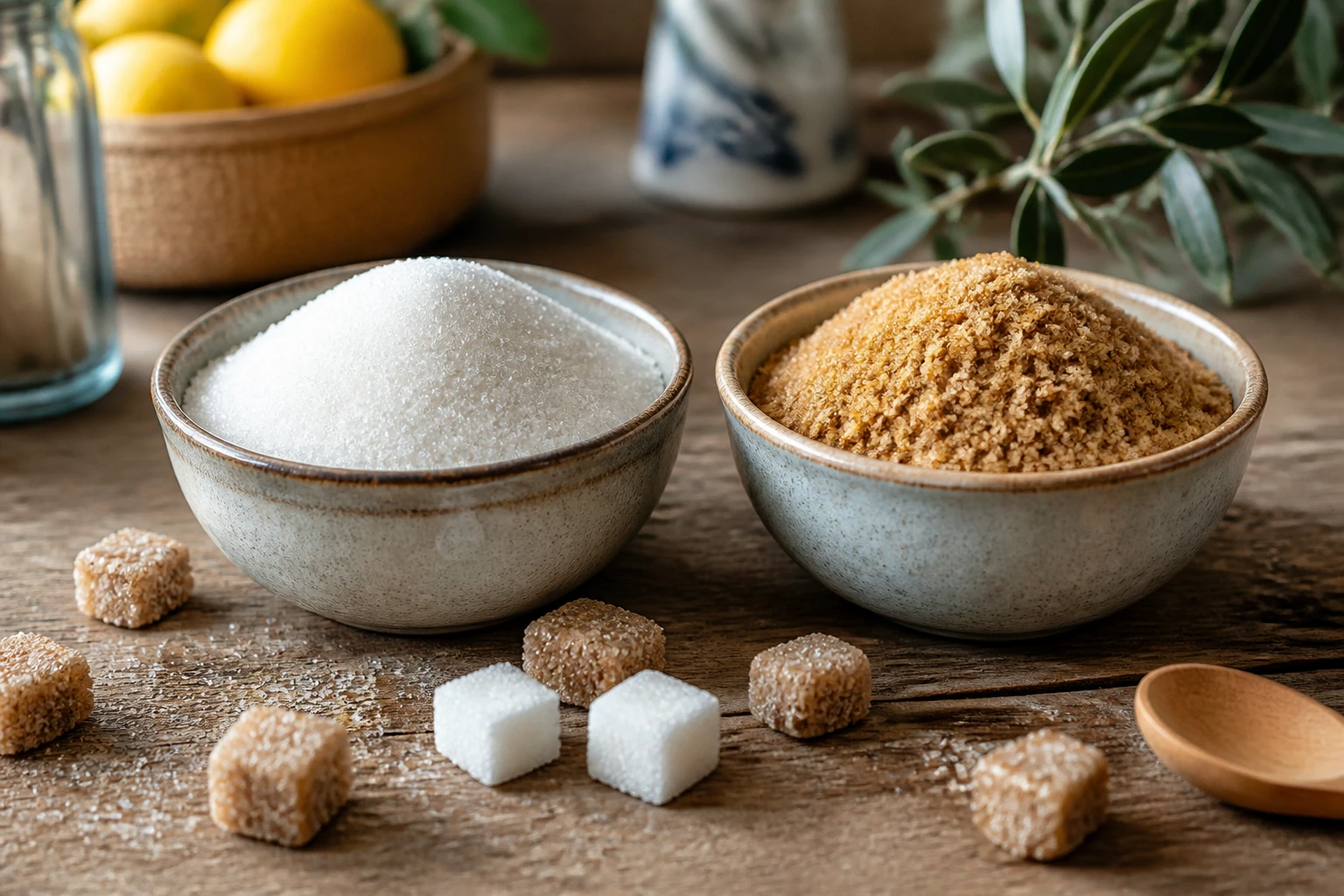 Bols de sucre blanc et de sucre de canne roux comparés côte à côte sur une table en bois