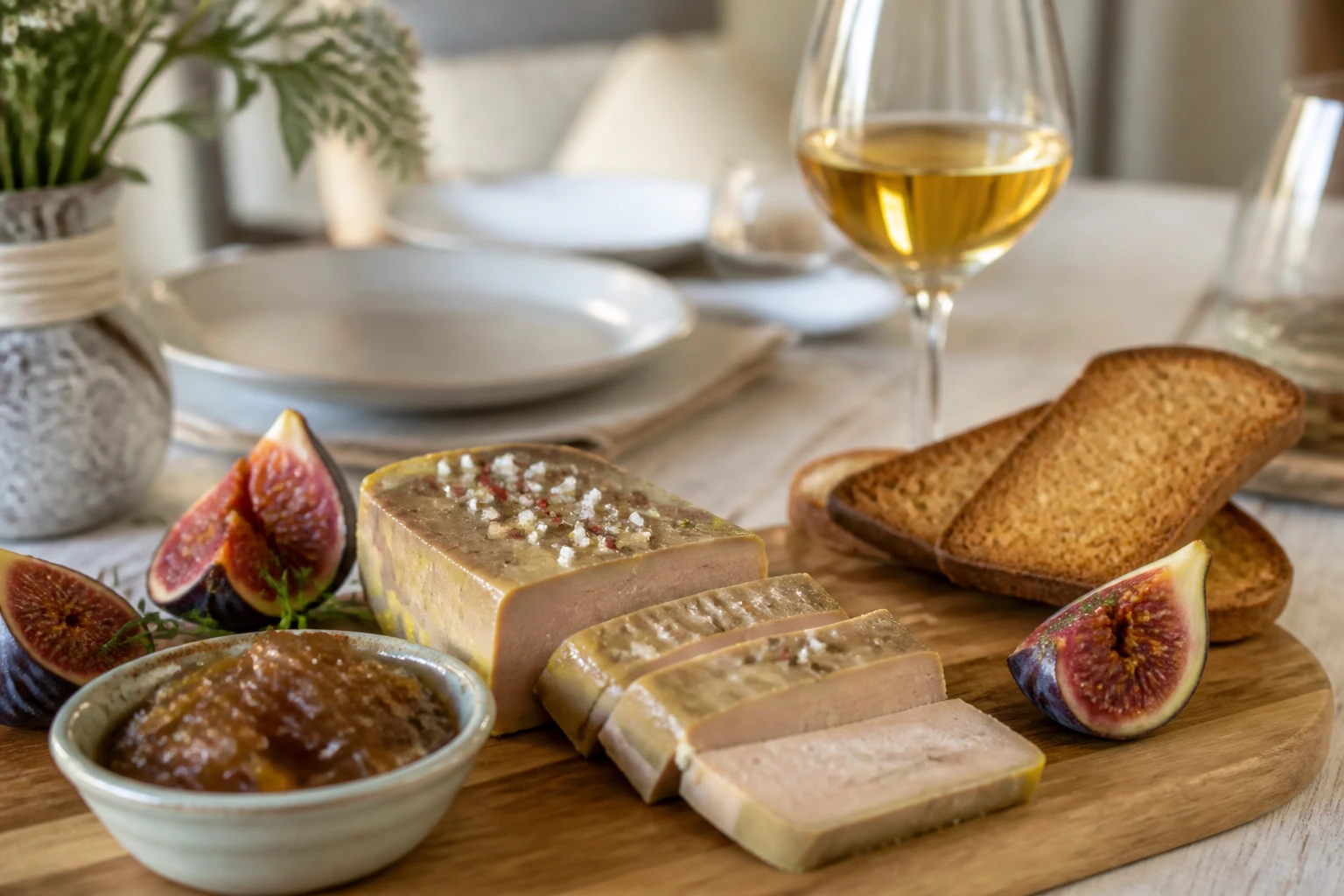 Terrine de foie gras mi-cuit servie avec pain d'épices, confit d'oignons et figues fraîches sur une table de fête