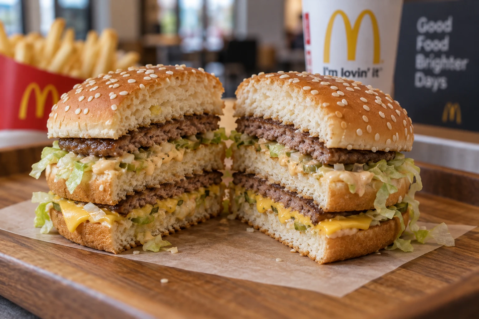 Big Mac coupé en deux montrant ses couches de steak, fromage et sauce spéciale