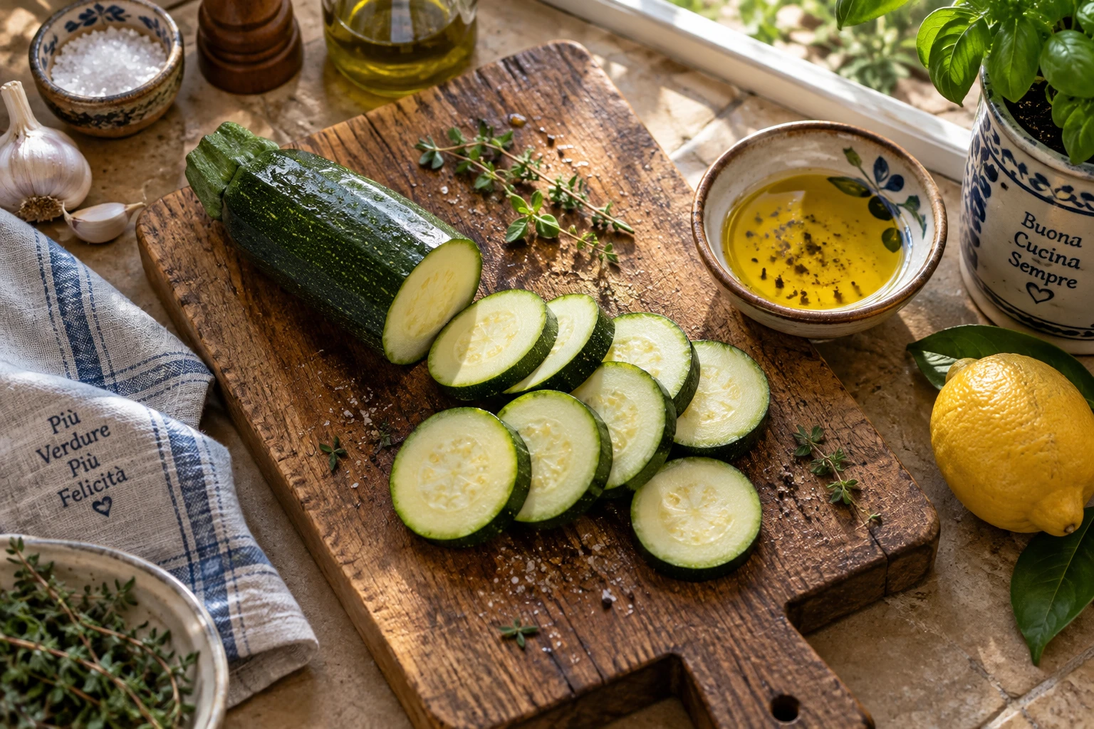 Courgettes fraîches tranchées sur une planche en bois avec huile d'olive et citron