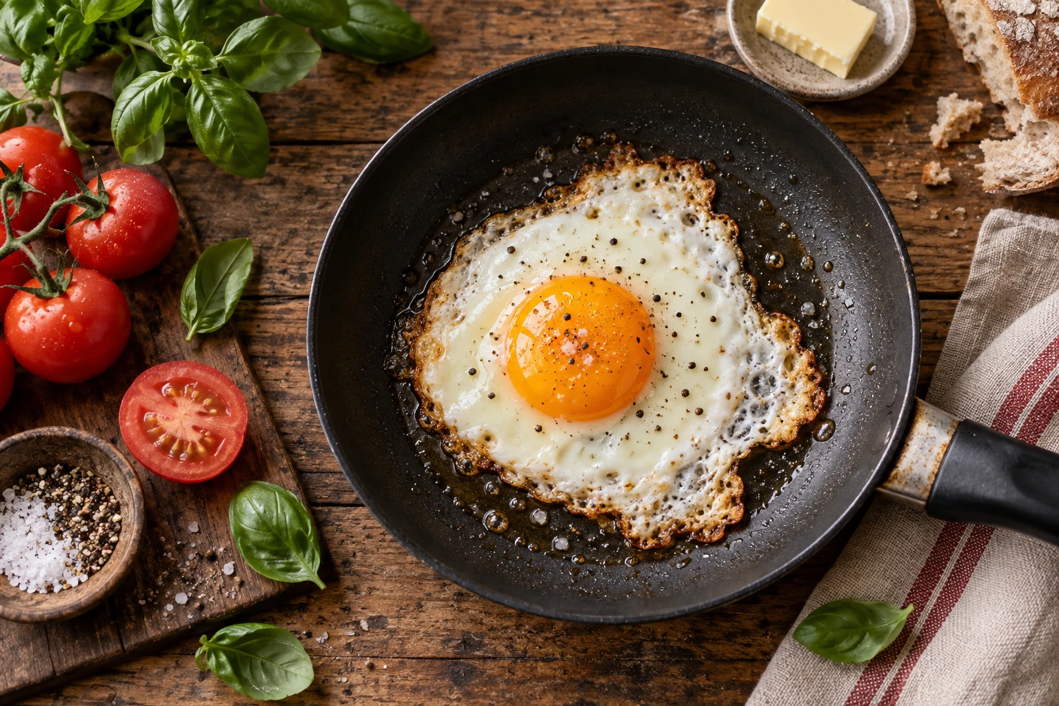 Œuf au plat dans une poêle avec tomates fraîches et basilic sur une table en bois