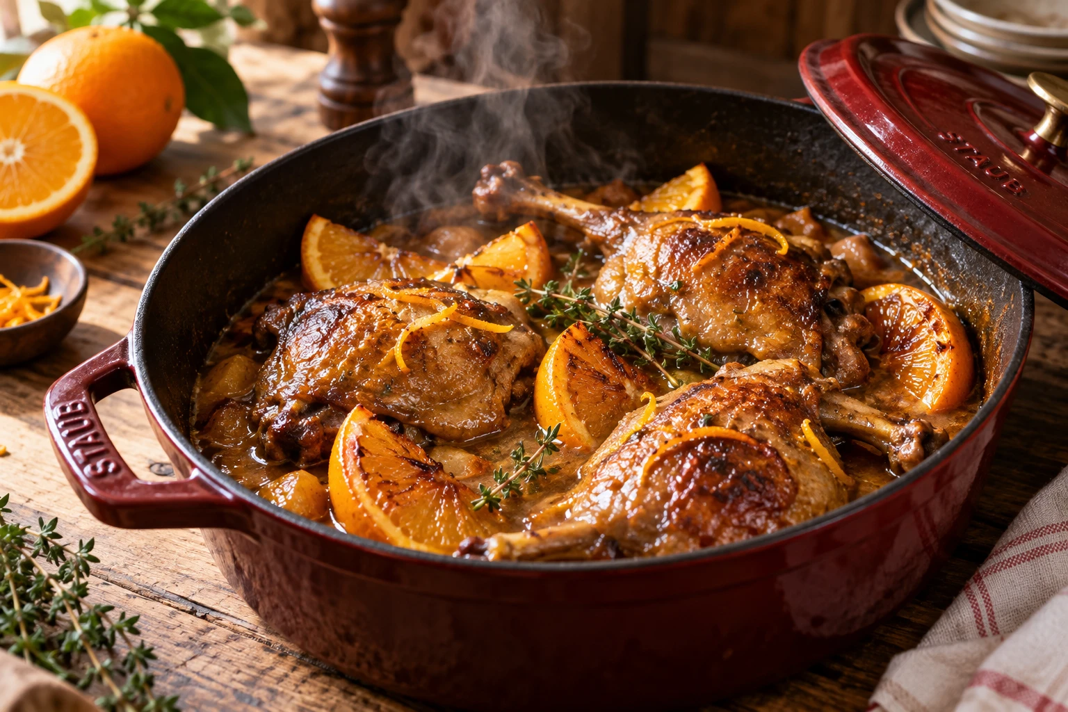 Canard à l'orange fondant mijoté en cocotte, nappé de sauce aux zestes d'orange