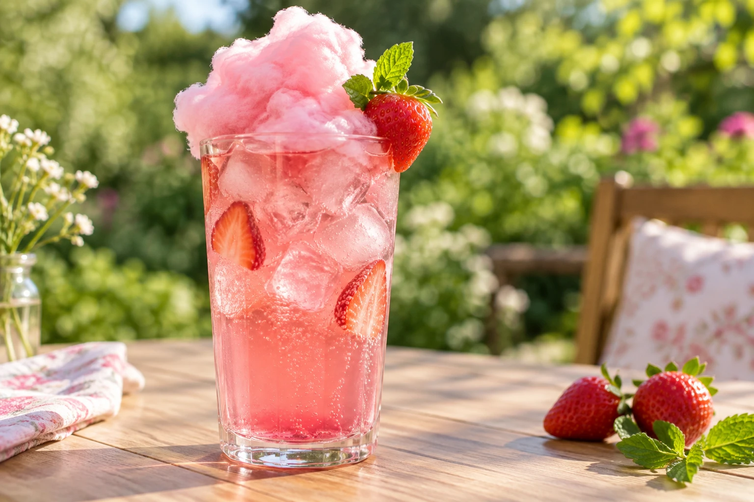 Verre de limonade à la fraise coiffé de barbe à papa rose, avec fraise fraîche et menthe