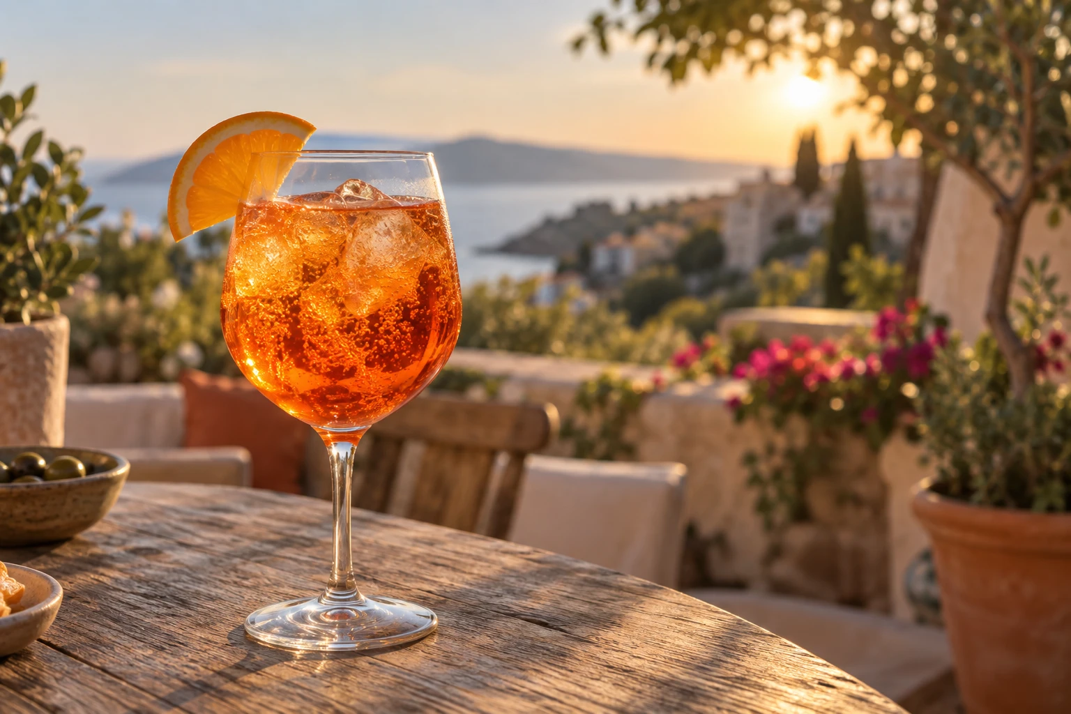 Verre de cocktail spritz orangé garni d'une tranche d'orange sur une table en bois en extérieur