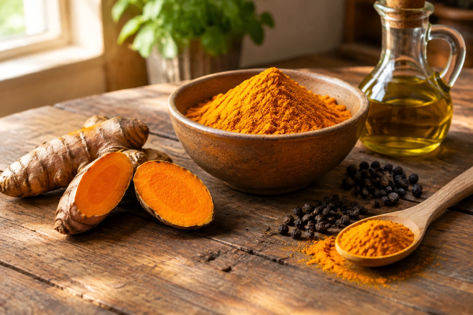 Racine de curcuma fraîche coupée, poudre de curcuma et poivre noir sur une table en bois