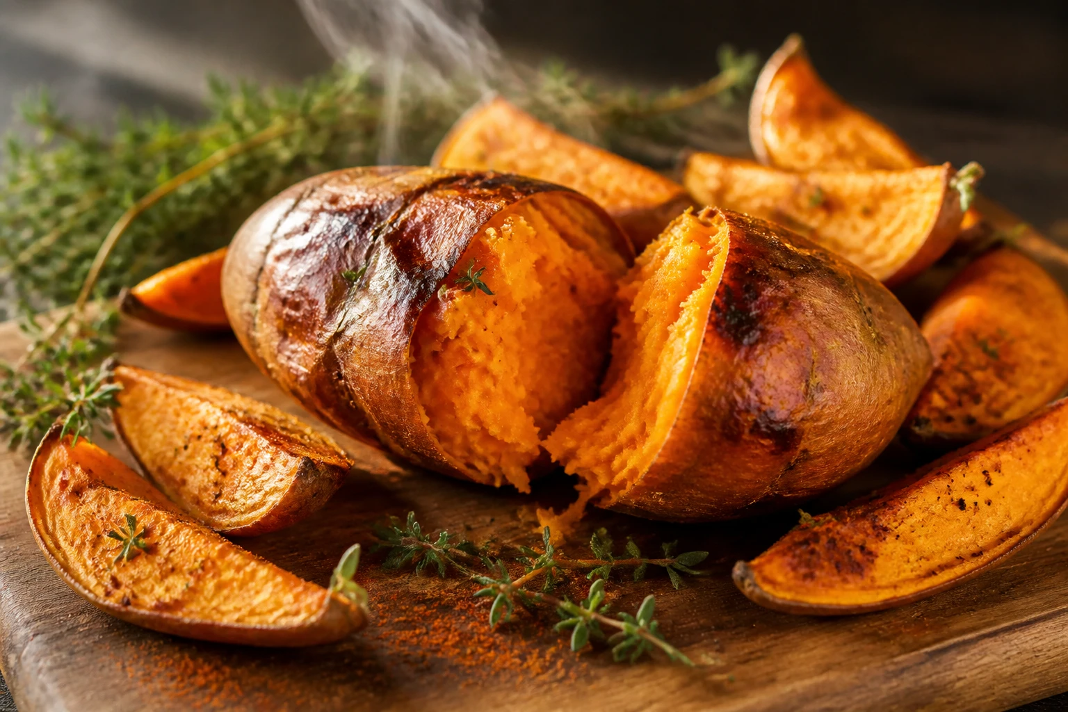 Patate douce rôtie coupée en deux avec quartiers cuits au four sur planche en bois