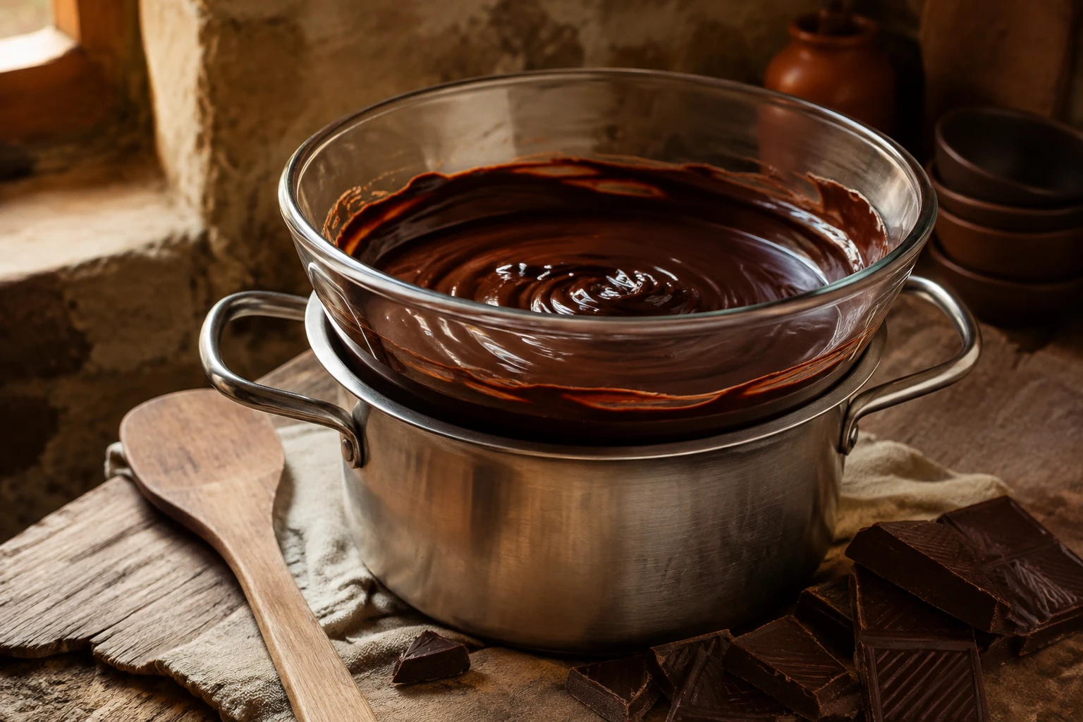 Chocolat noir fondu et brillant dans un bol en verre au bain-marie, cuisine rustique