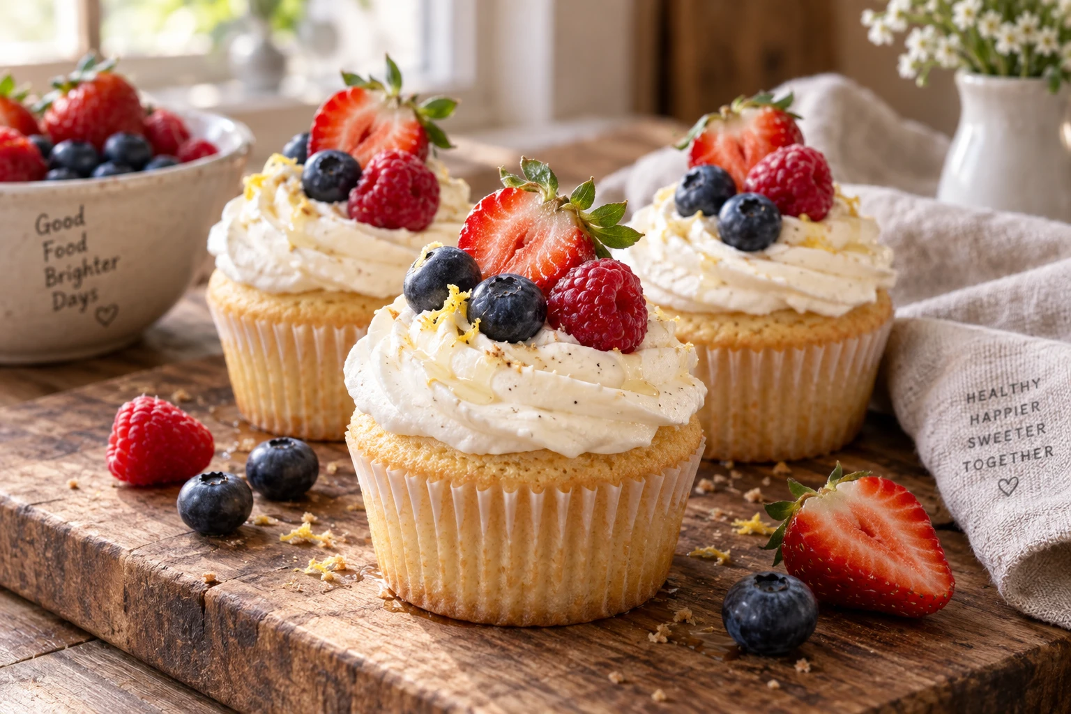 Trois cupcakes healthy à la vanille garnis de fromage blanc fouetté et de fruits rouges sur une planche en bois