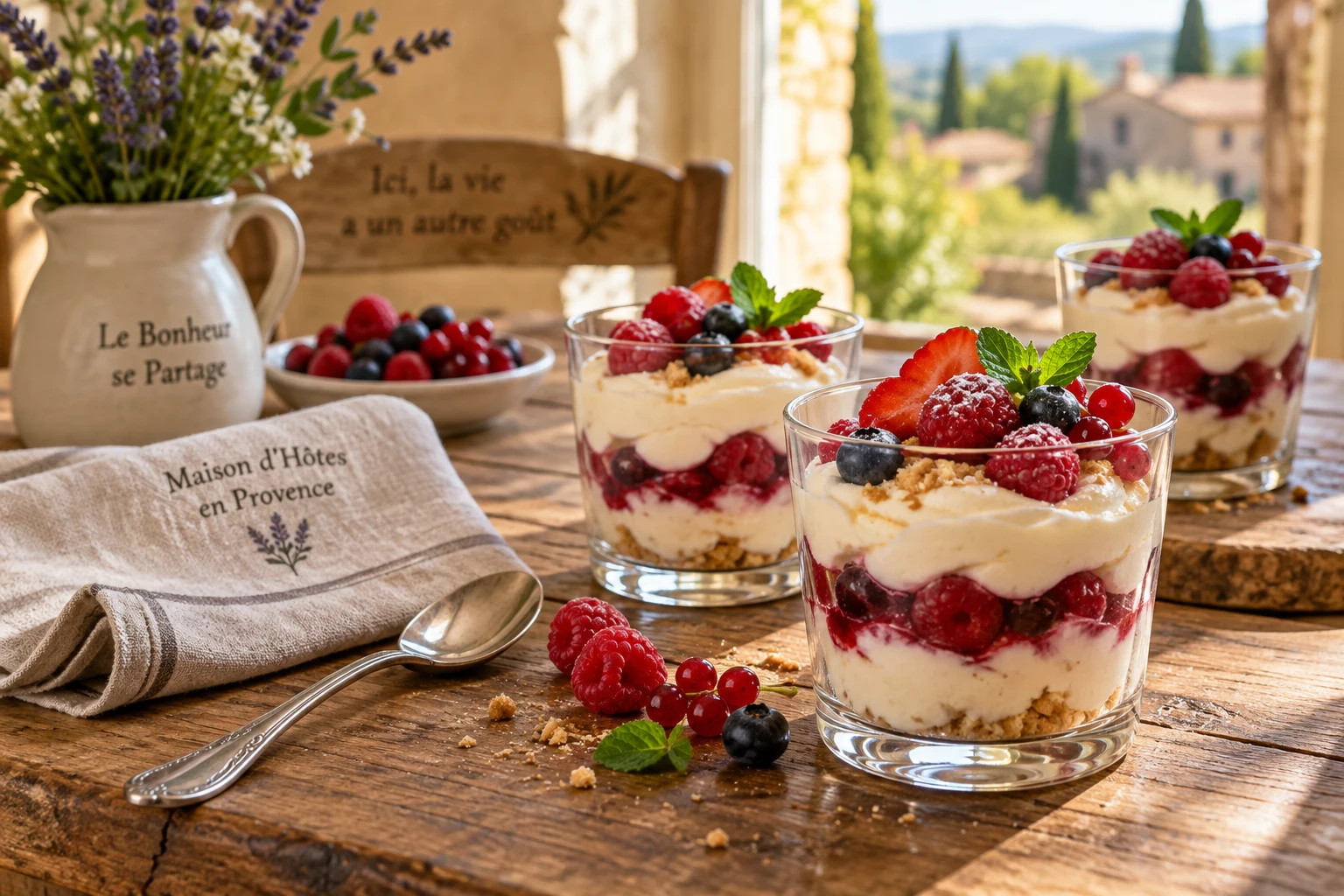 Verrines de mousse mascarpone aux framboises sur une table en bois rustique