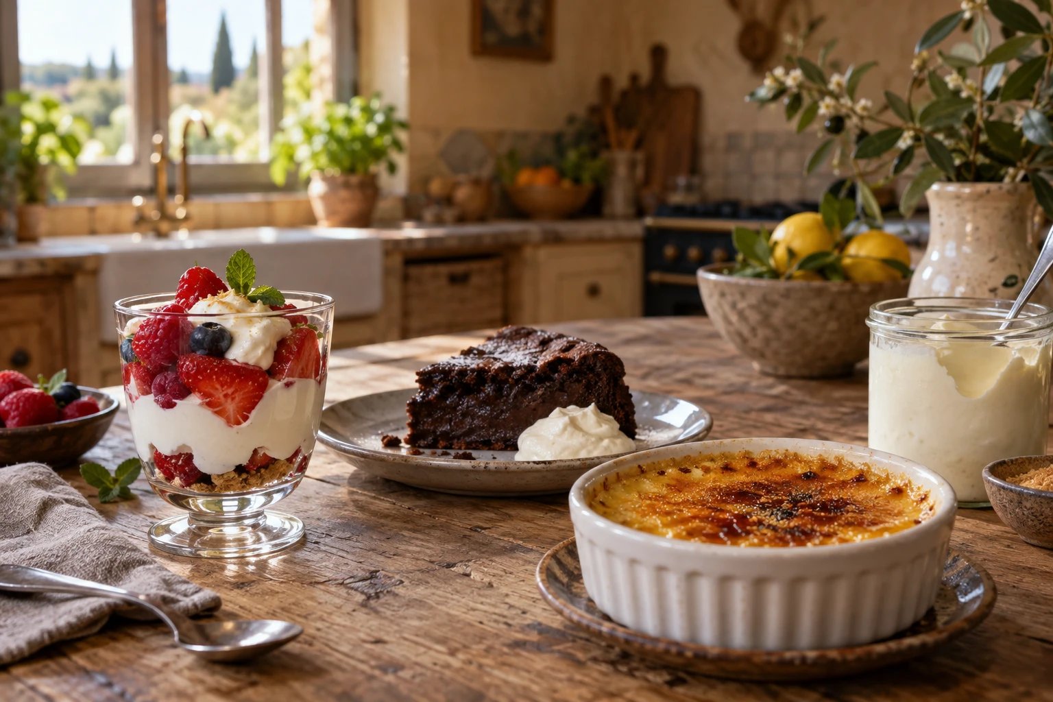 Assortiment de desserts à la crème fraîche sur une table en bois, verrine, gâteau et crème brûlée