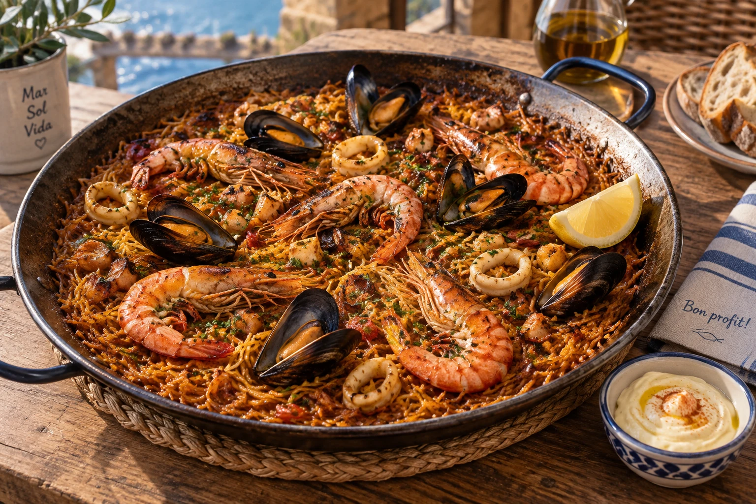 Poêle de fideuà catalane aux fruits de mer avec citron et allioli sur une table en bois