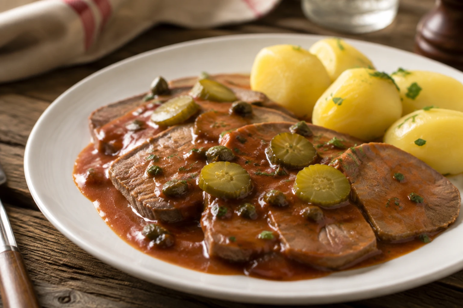 Langue de bœuf tranchée nappée de sauce piquante aux cornichons dans une assiette rustique