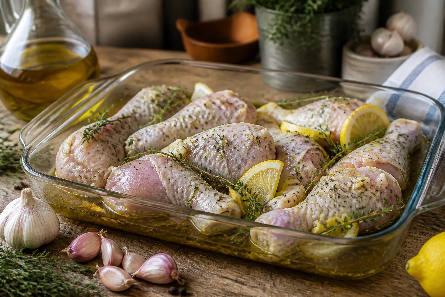 Pilons de poulet marinant dans un plat en verre avec citron, ail et thym frais