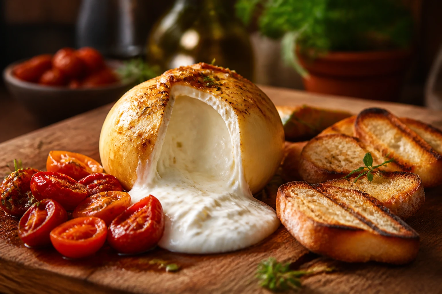Stracciatella fumée coulant hors d'une burrata ouverte sur une planche en bois avec crostini et tomates confites
