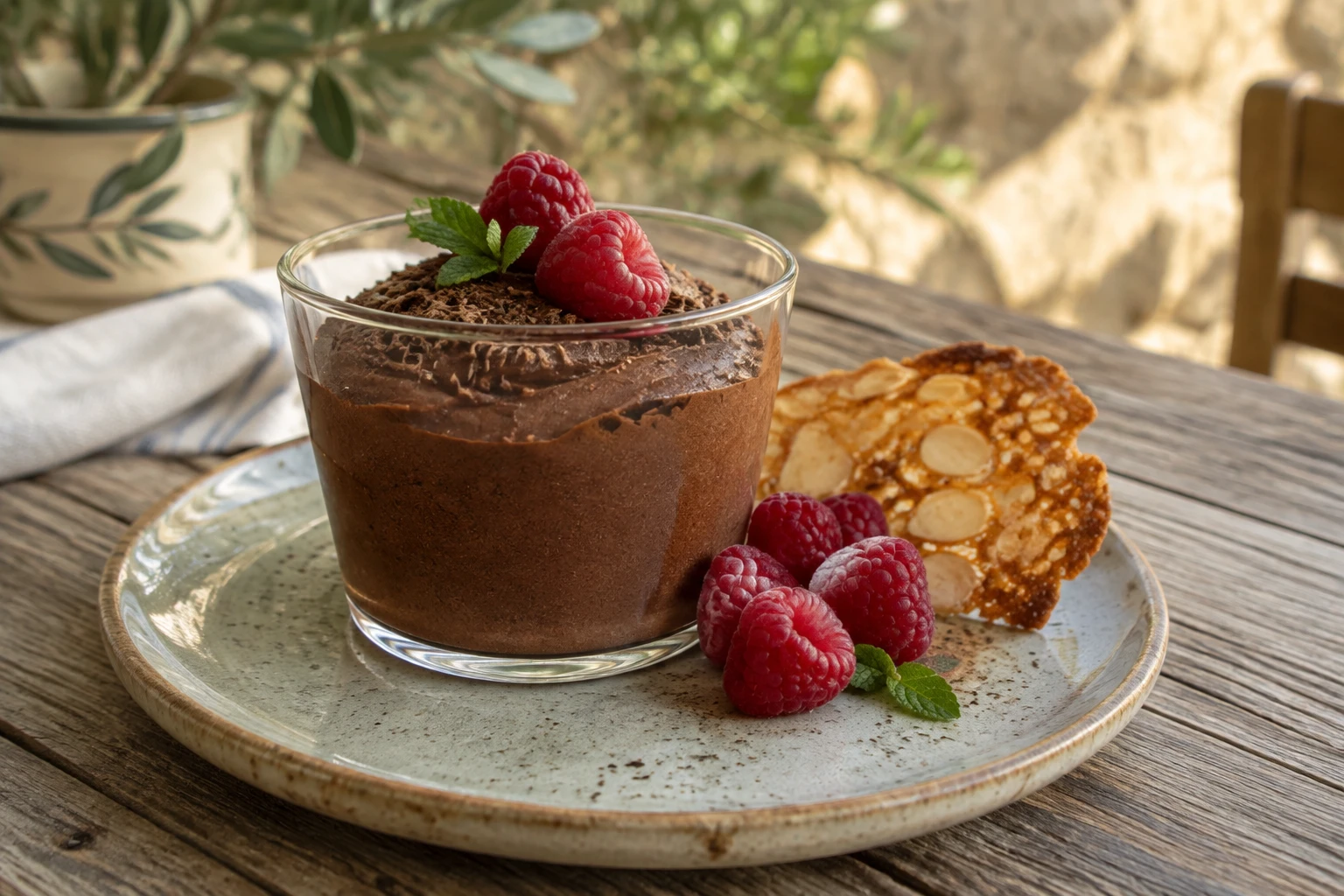 Mousse au chocolat noir servie avec des framboises fraîches et une tuile aux amandes sur une table en bois