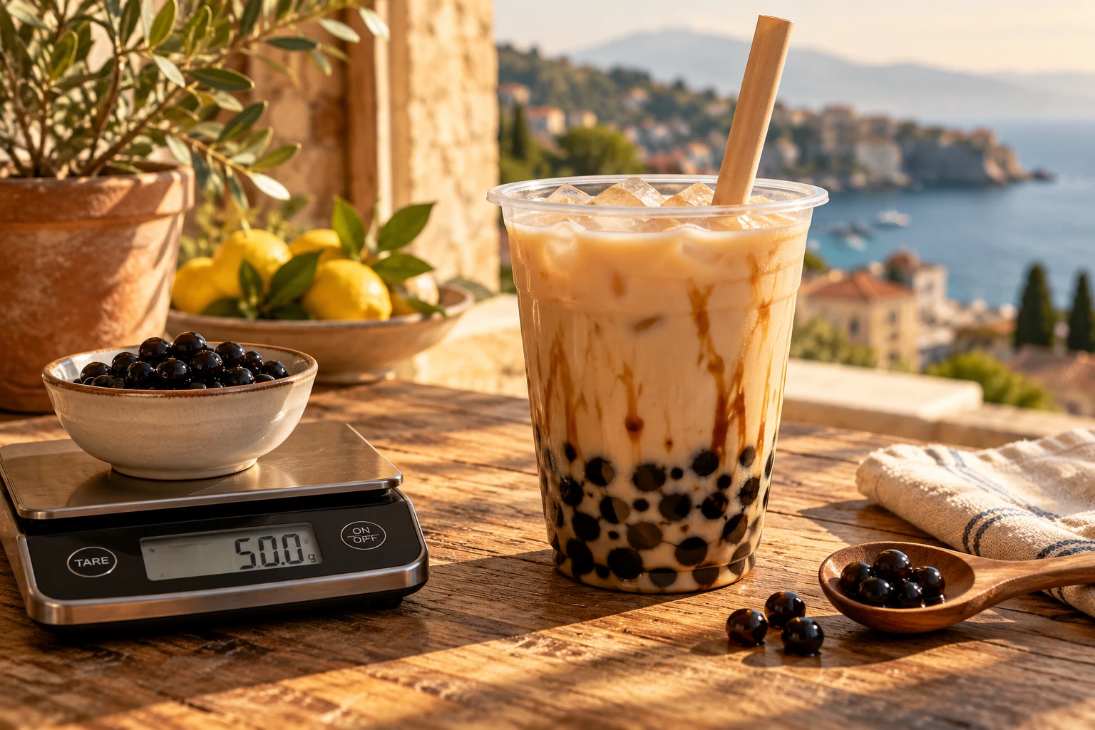 Gobelet de bubble tea au lait avec perles de tapioca posé sur une table en bois à côté d'une balance de cuisine