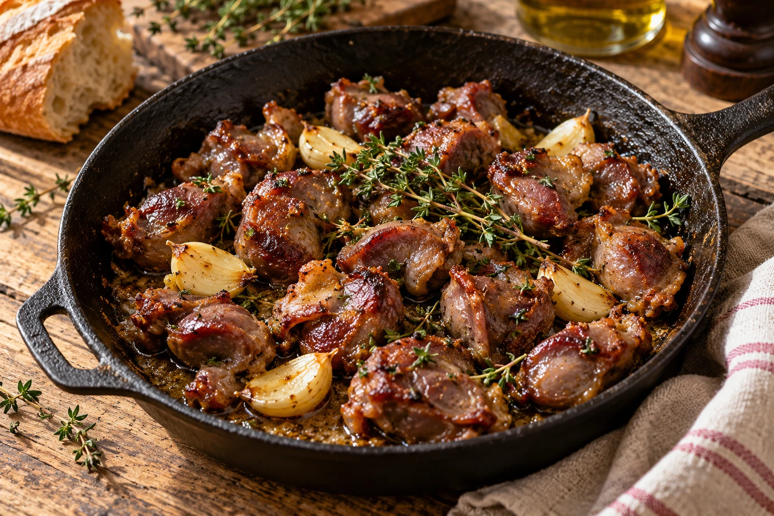 Gésiers de canard confits dorés dans une poêle en fonte avec thym et ail sur une table en bois
