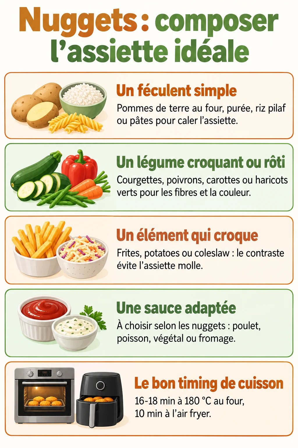 Nuggets : composer l'assiette idéale : Un féculent simple, Un légume croquant ou rôti, Un élément qui croque, Une sauce adaptée, Le bon timing de cuisson