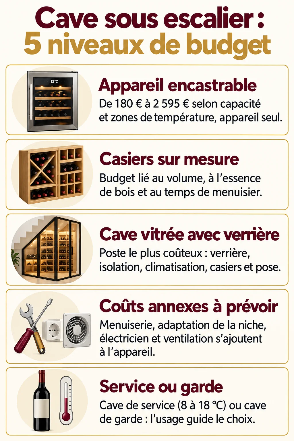 Cave sous escalier : 5 niveaux de budget : Appareil encastrable, Casiers sur mesure, Cave vitrée avec verrière, Coûts annexes à prévoir, Service ou garde