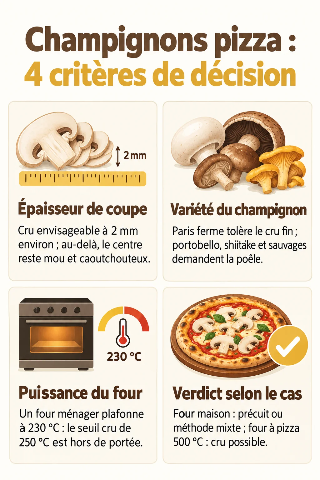 Champignons pizza : 4 critères de décision : Épaisseur de coupe, Variété du champignon, Puissance du four, Verdict selon le cas