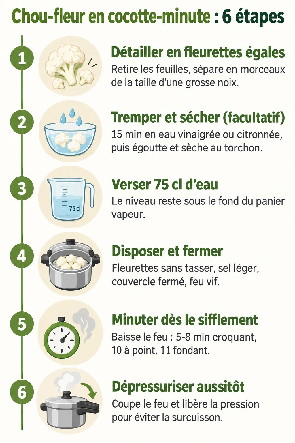 Chou-fleur en cocotte-minute : 6 étapes : 1. Détailler en fleurettes égales, 2. Tremper et sécher (facultatif), 3. Verser 75 cl d'eau, 4. Disposer et fermer, 5. Minuter dès le sifflement, 6. Dépressuriser aussitôt