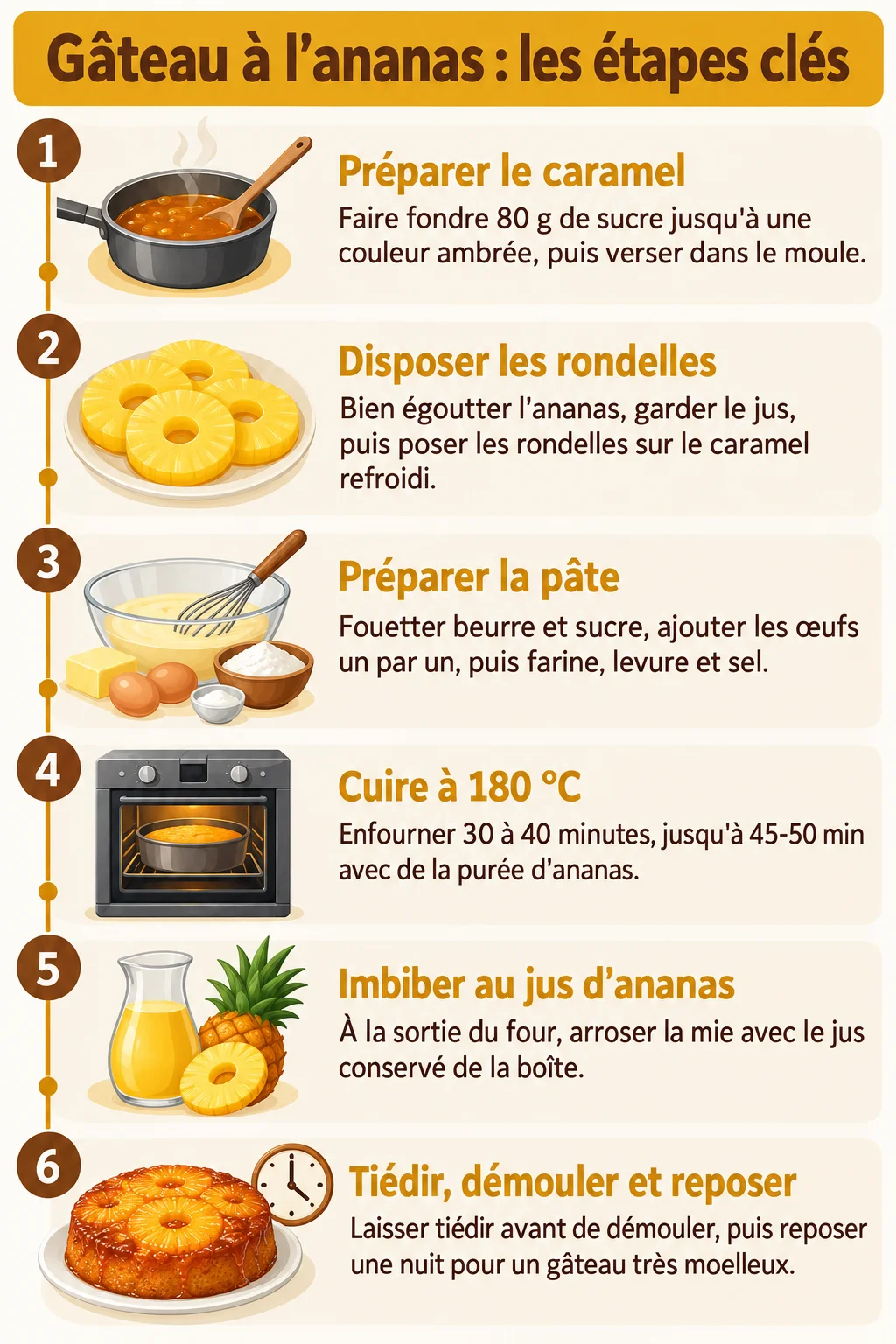 Gâteau à l'ananas : les étapes clés : 1. Préparer le caramel, 2. Disposer les rondelles, 3. Préparer la pâte, 4. Cuire à 180 °C, 5. Imbiber au jus d'ananas, 6. Tiédir, démouler et reposer