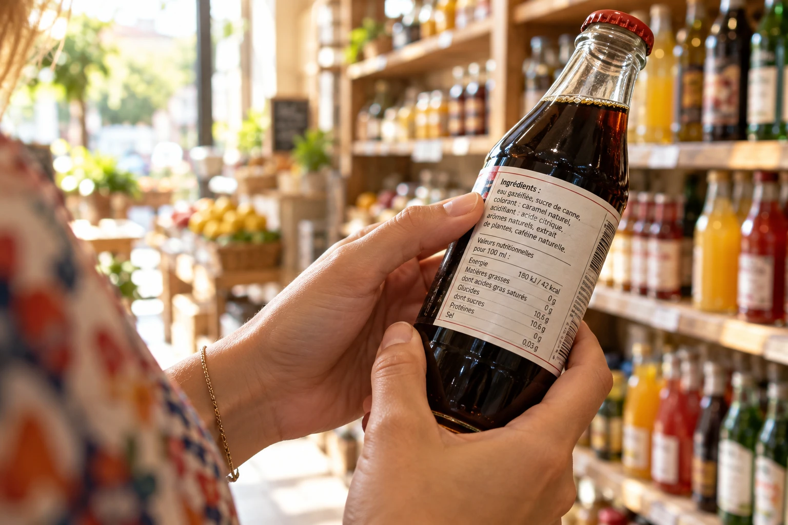 Main lisant l'étiquette d'une bouteille de boisson dans une épicerie pour vérifier ses ingrédients